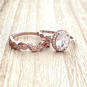 Oval White Sapphire Halo Ring w/ Leaf-Vine Band. 14K Rose Gold.